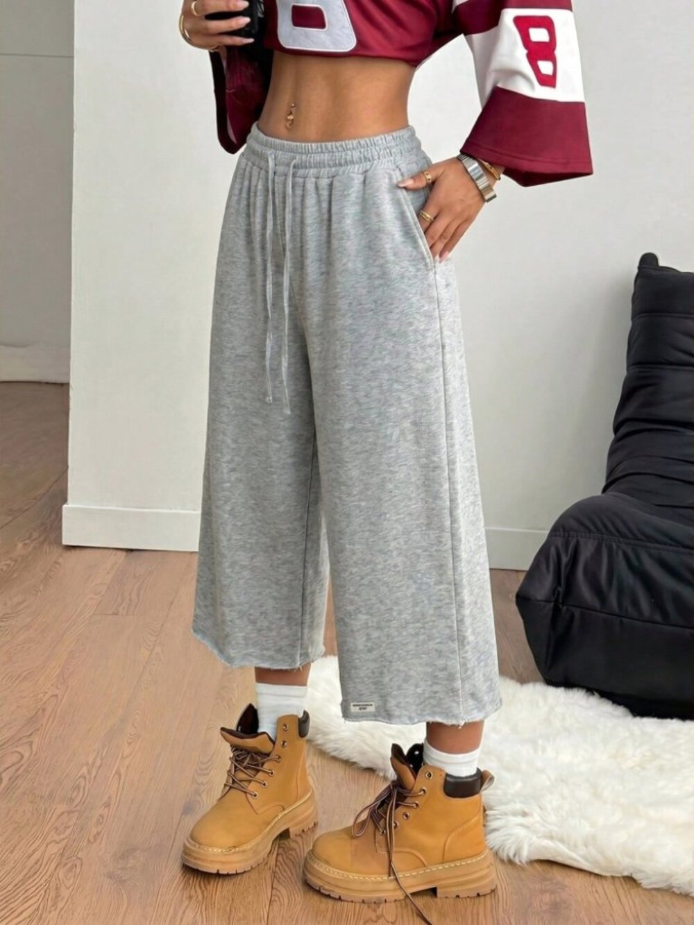 Heather Gray Wide Leg Cropped Sweatpants with Raw Hem